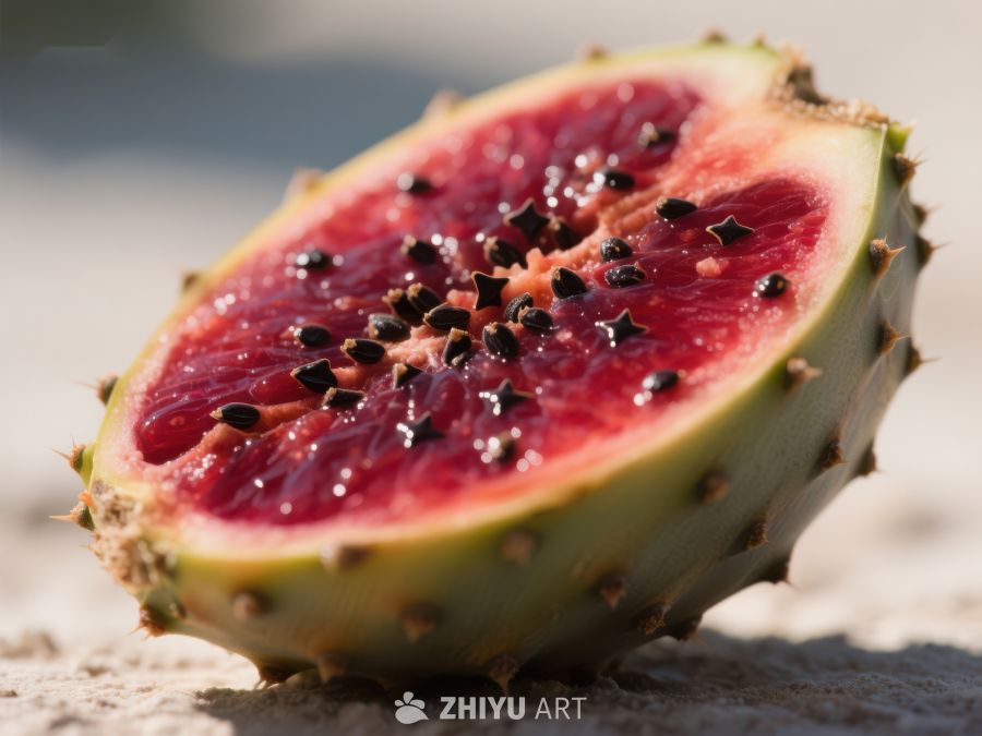 切开的仙人掌果实，展示鲜艳红色果肉 438