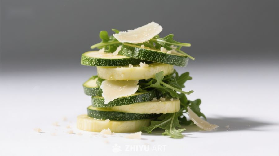 叠放的黄瓜片与芝麻菜
