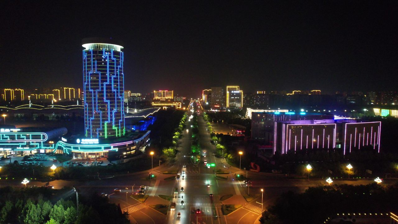河北沧州城市夜景灯光航拍