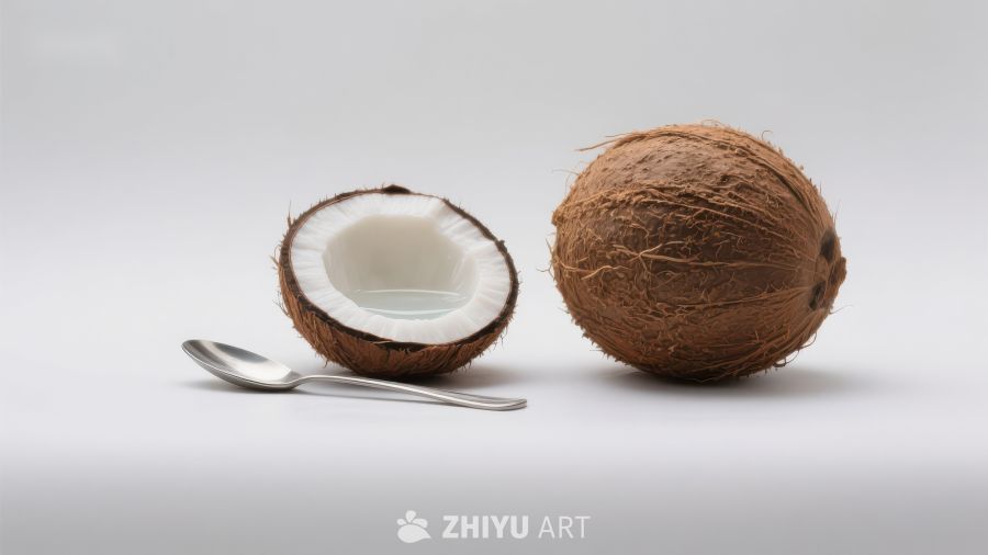 椰子与勺子的静物组合