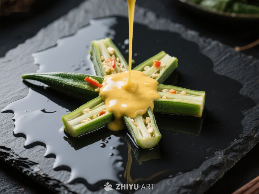 黄酱淋浇的秋葵创意摆盘 317