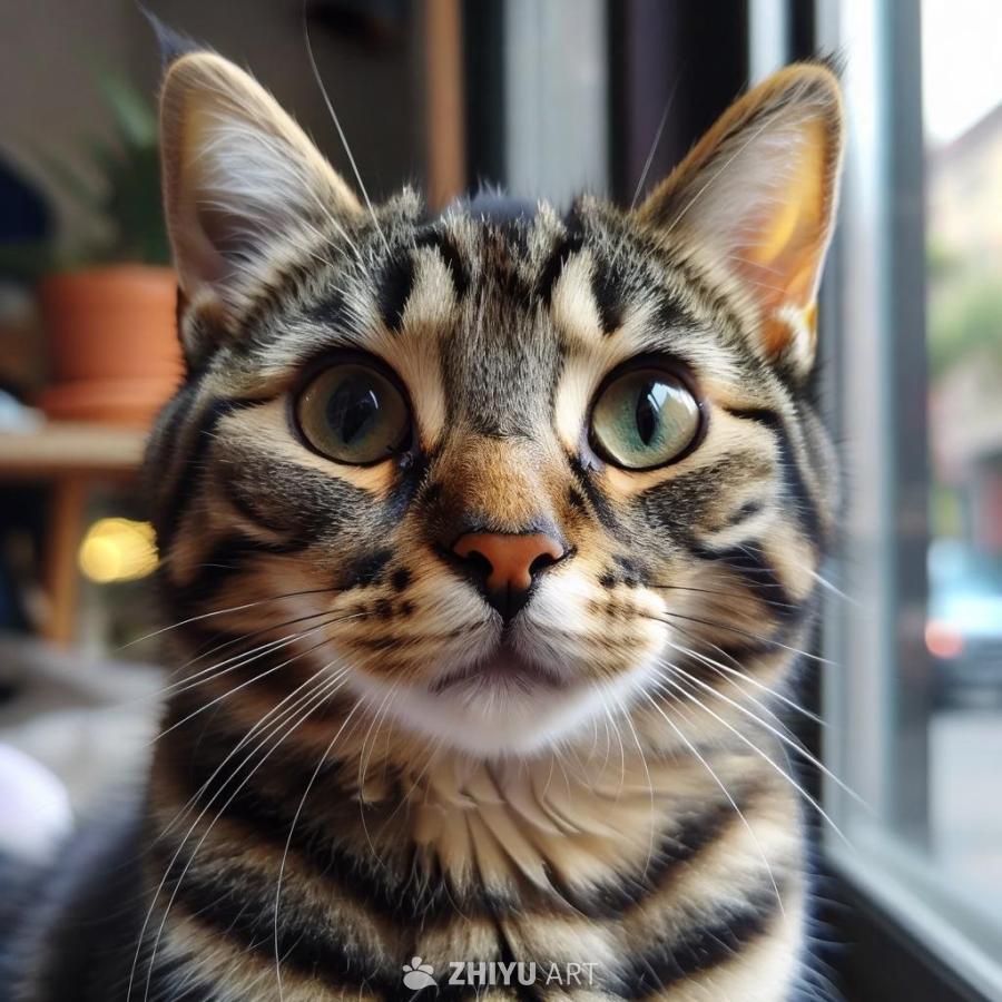一只虎斑猫的脸部特写，它有着绿色的眼睛和粉色的鼻子