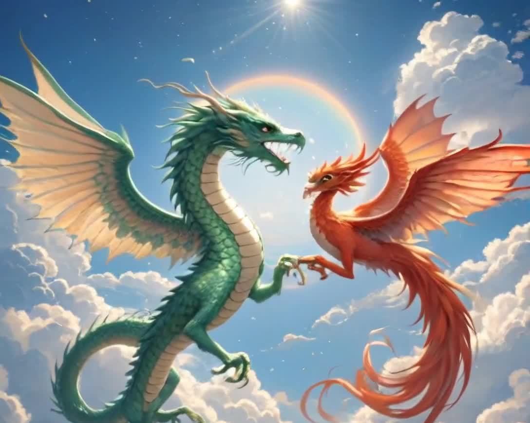 一条绿色的龙与一只红色的凤凰在天空中的场景。龙的身