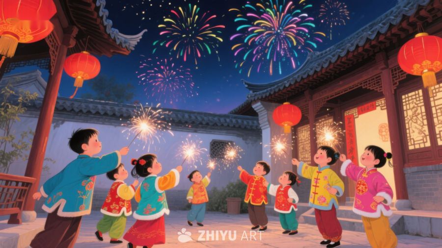 欢庆节日，孩童手持烟花 34