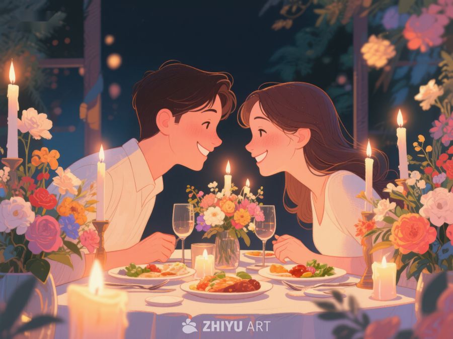 浪漫晚餐：情侣在花丛中共享美食 437