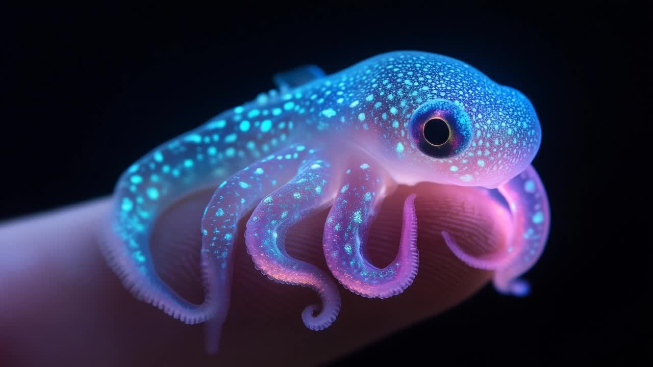 一只微小的生物发光章鱼停留在指尖上。它虹彩色的皮肤