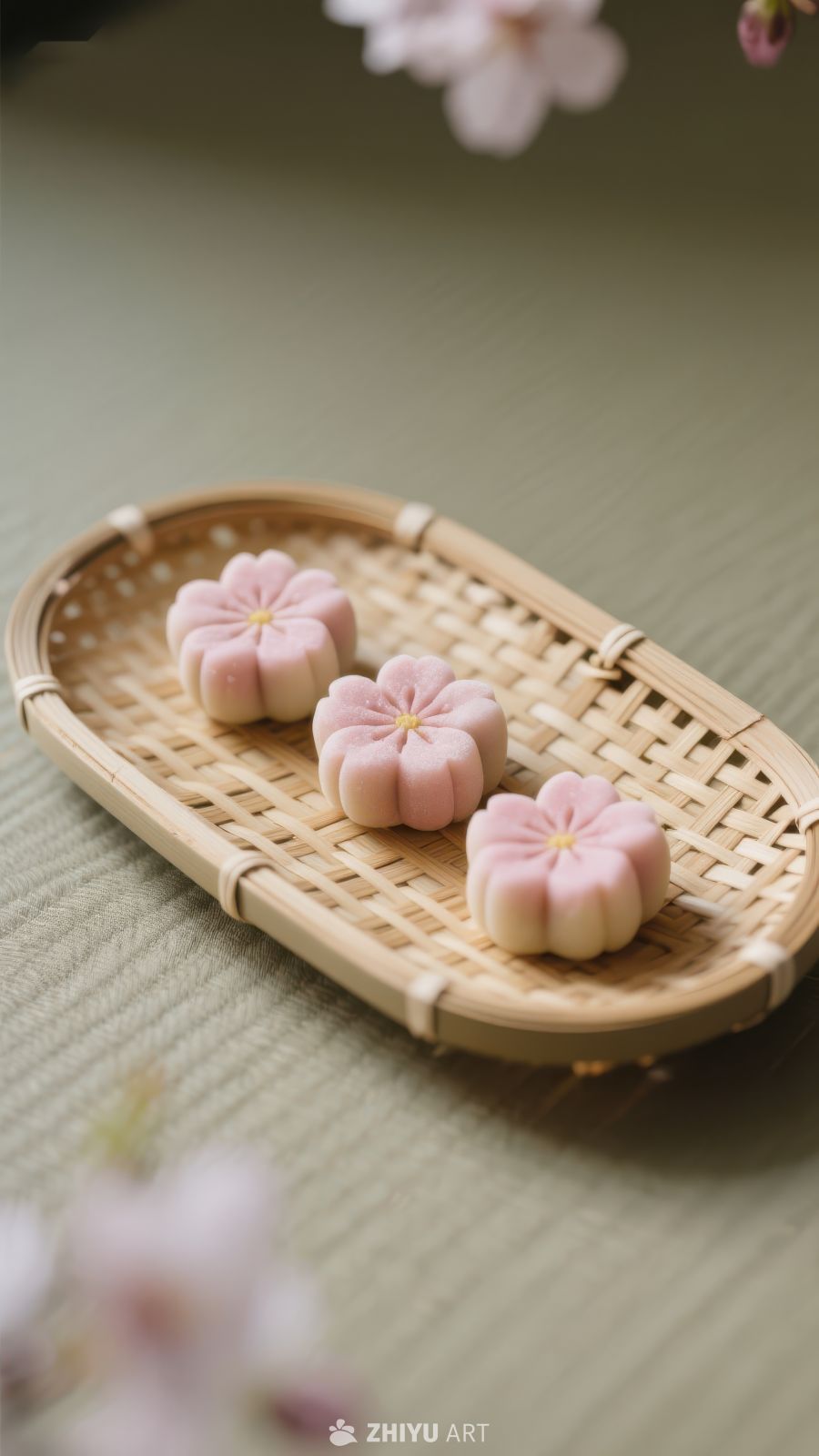 精致樱花糕点置于竹编托盘