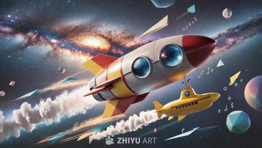 星空中，一艘复古风格的火箭和一艘黄色潜艇高速飞行。