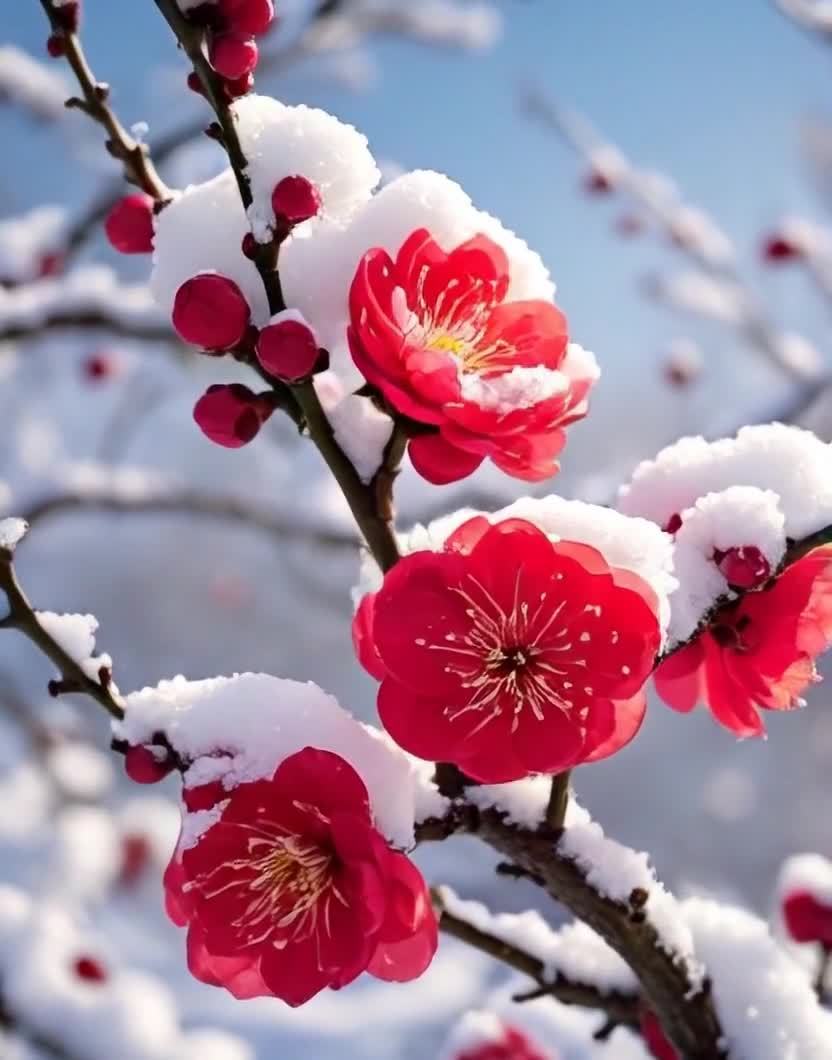 雪中红梅傲放枝头蓝天映衬冬日美景