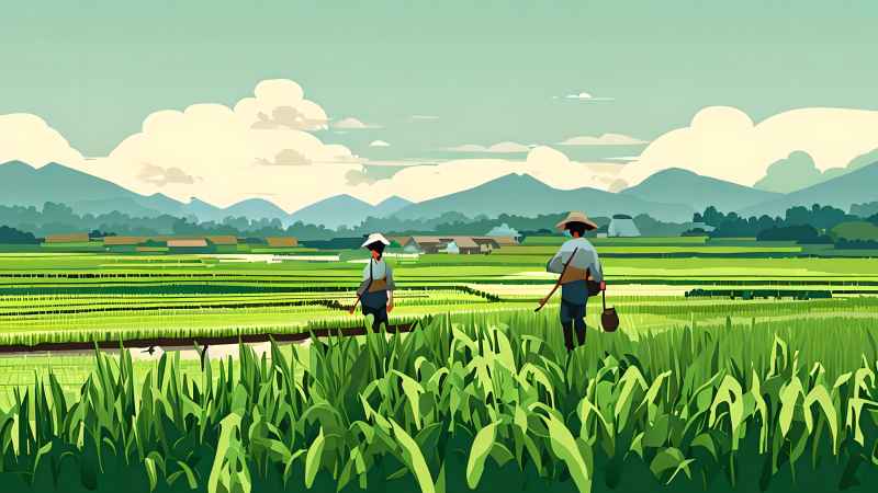 稻田和农作物中的农民绿色范例风格插画 15