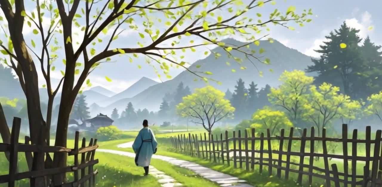 田园风光：青衣人漫步乡间小路，远山如黛绿树成荫
