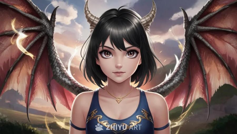 一个身穿蓝色衣服的少女，有着黑色的短发和棕色的眼睛