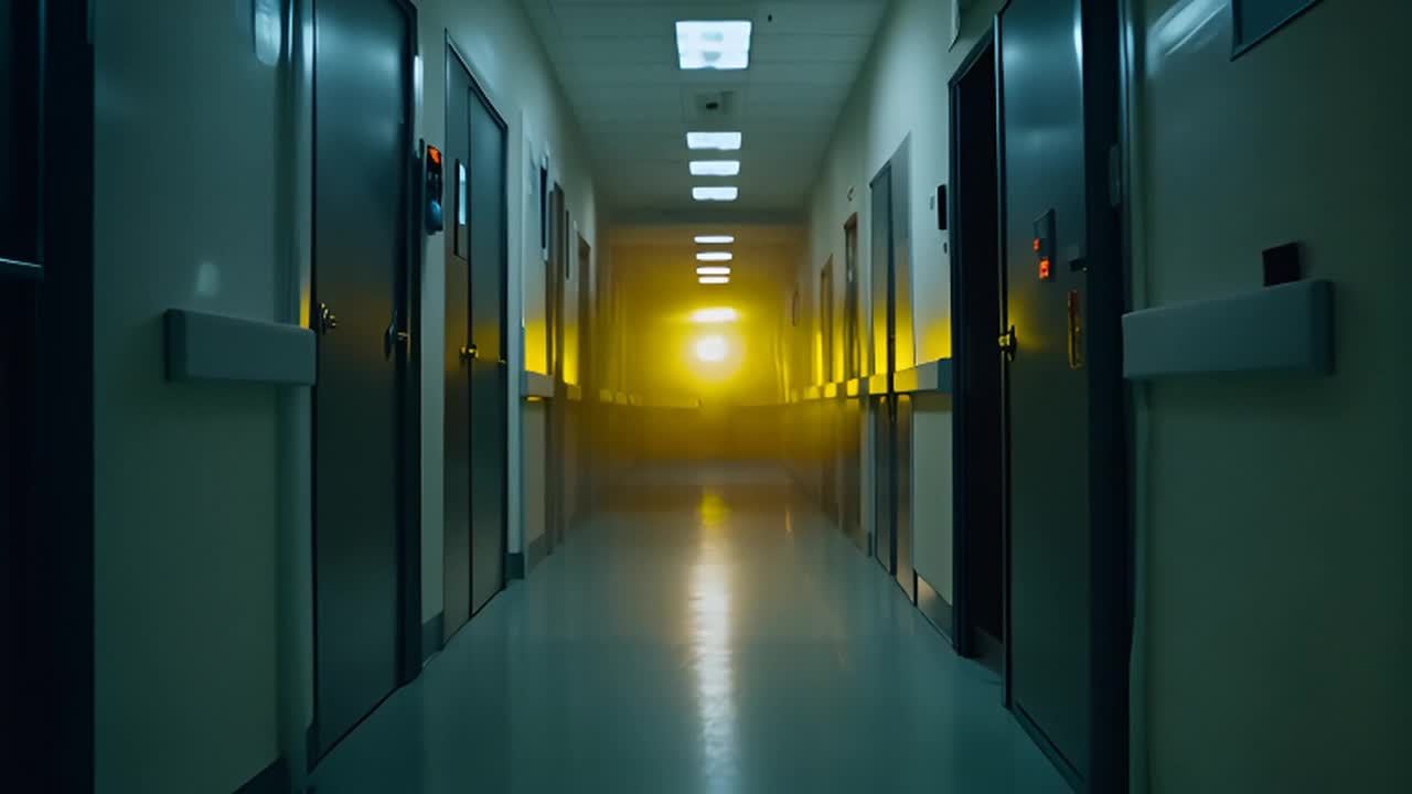 一个昏暗的医院走廊，视角较低，镜头缓慢地滑过一排关