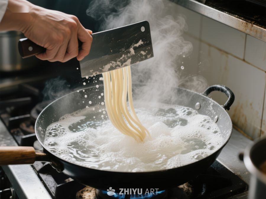 厨师用刀切面入沸水锅中 123