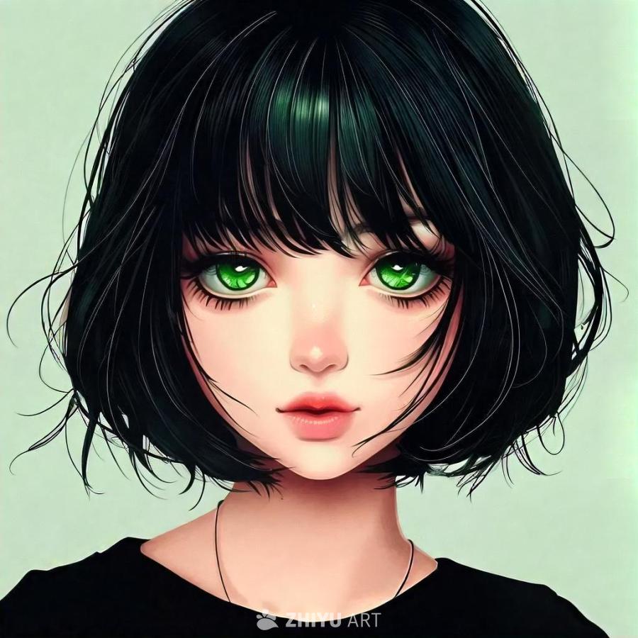 一个动漫风格的女孩，她有黑色的短发和刘海，她的眼睛