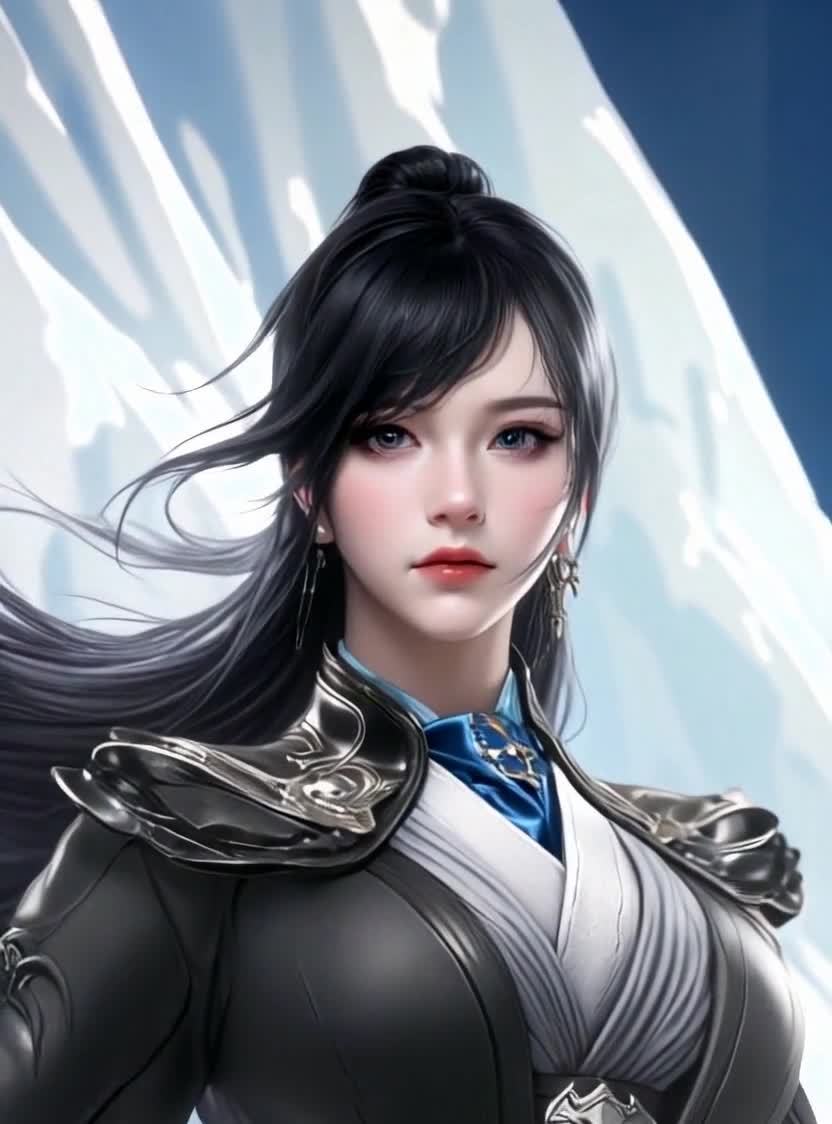 一位年轻女性的数字艺术画像，她有着深色的长发，发型
