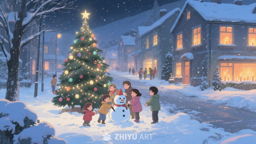 冬夜雪地里的圣诞树与孩子们 110