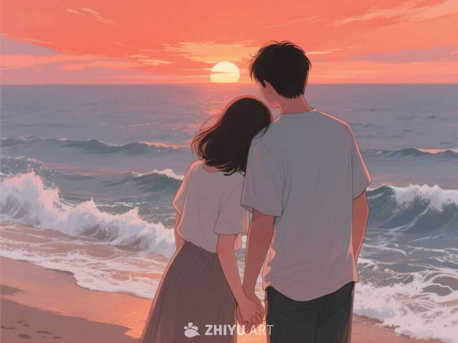 海边日落，情侣牵手 221
