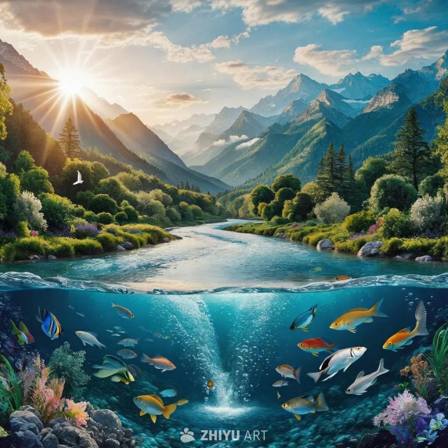 阳光照射在连绵起伏的山脉上，山脉间流淌着一条河流。