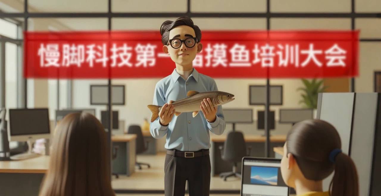 一个戴着眼镜的卡通人物站在办公室里，他穿着蓝色衬衫