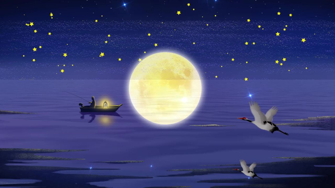 唯美大海上升月亮白月光蓝色夜空圆月明月大屏幕舞台LED视频  129