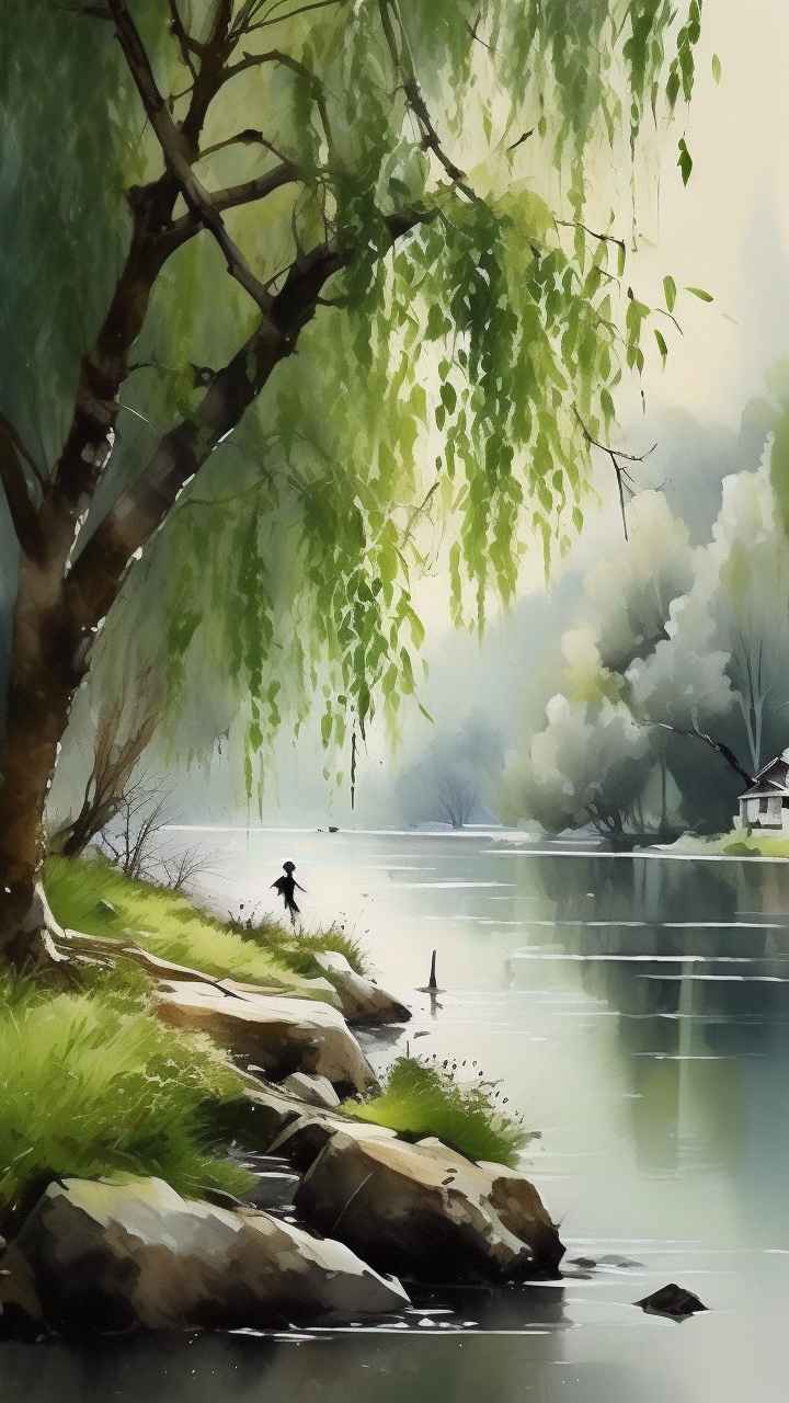 河边柳树插画风景图 25