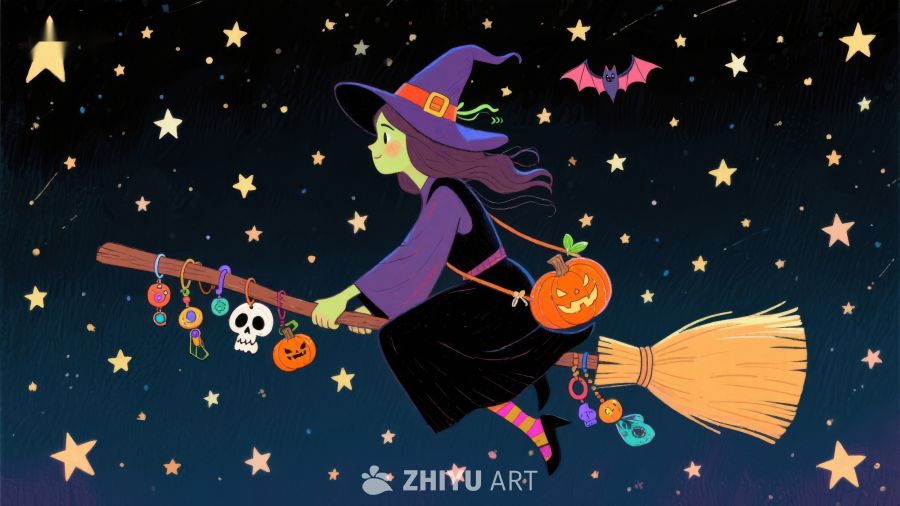 夜空中的女巫与南瓜灯