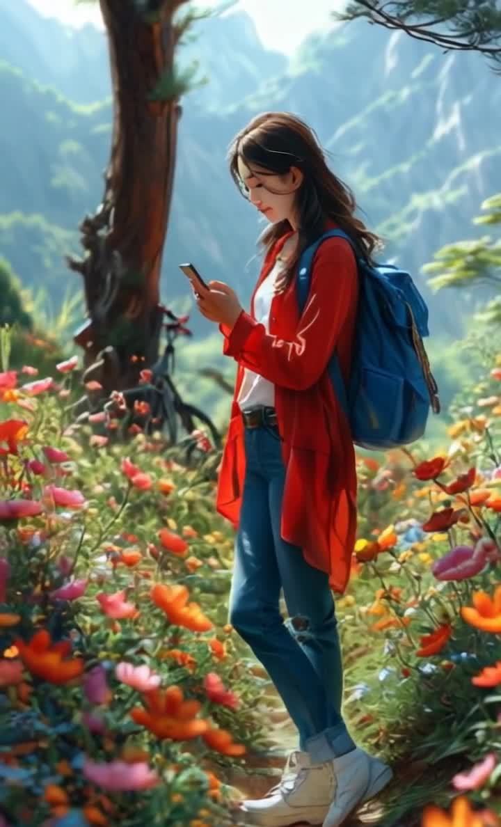 戴眼镜的红衣女子在户外看手机漫步花丛