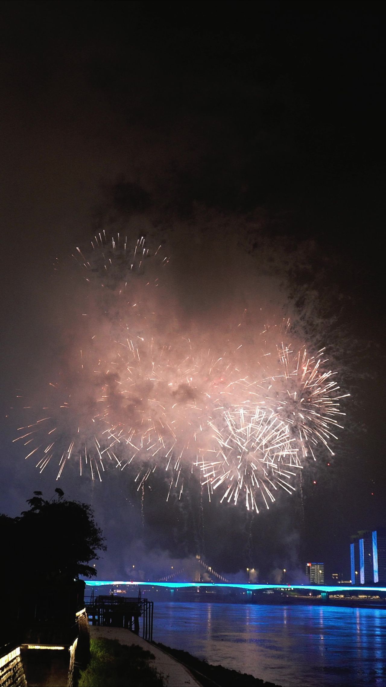 城市夜景烟花竖屏实拍