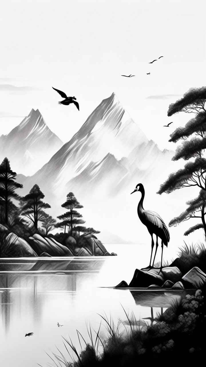 国风山水鹤插画背景 62