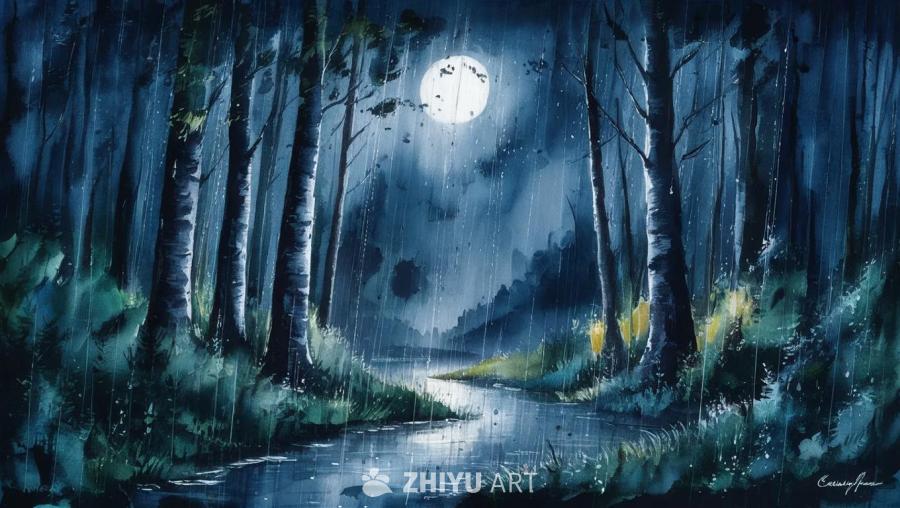一片森林的夜景，下着雨。可以看到许多树木，一道小溪
