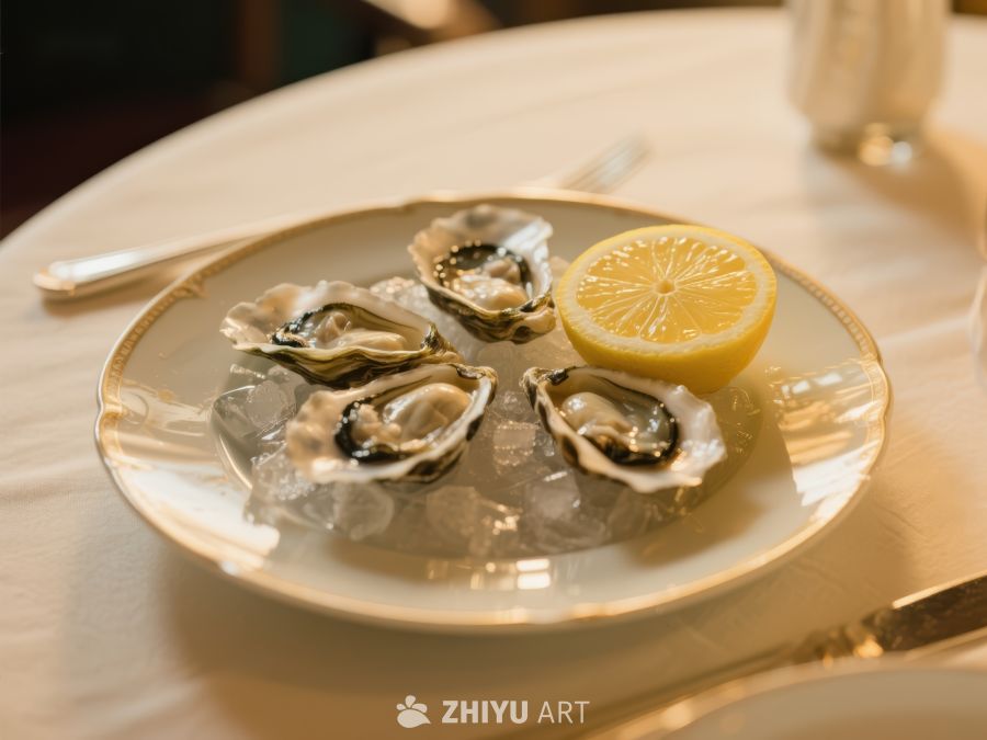 冰镇生蚝配柠檬，精致餐桌摆盘 35