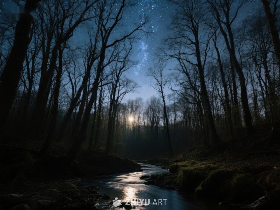 夜幕森林溪流，星光与月光交织 411