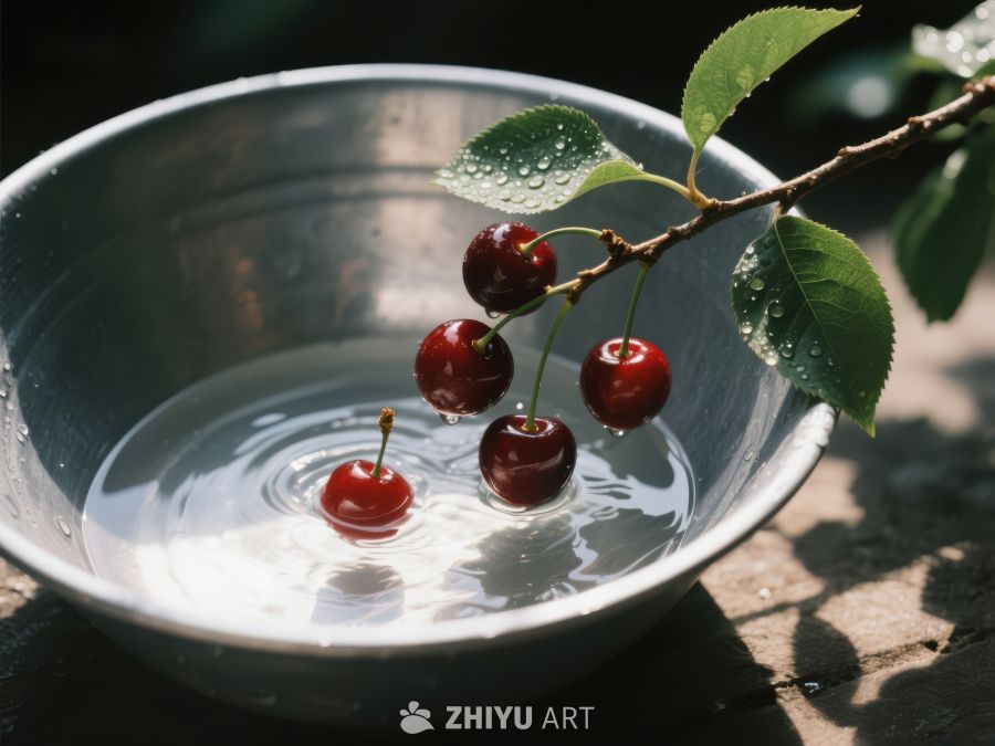 樱桃枝条轻触水面，水珠晶莹 825