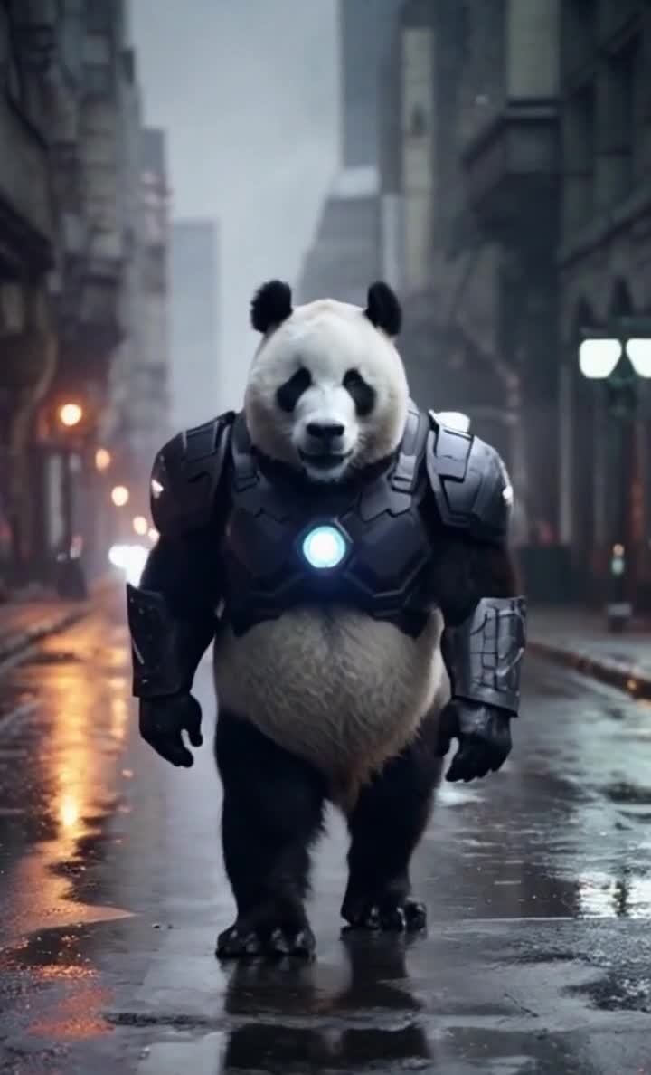 赛博朋克机甲熊猫漫步潮湿街道