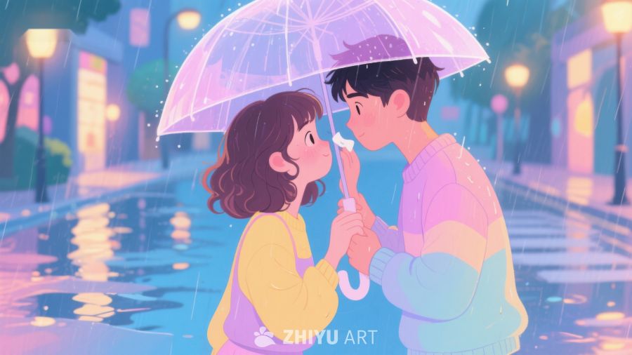 雨中情侣共享伞下温馨时刻 671