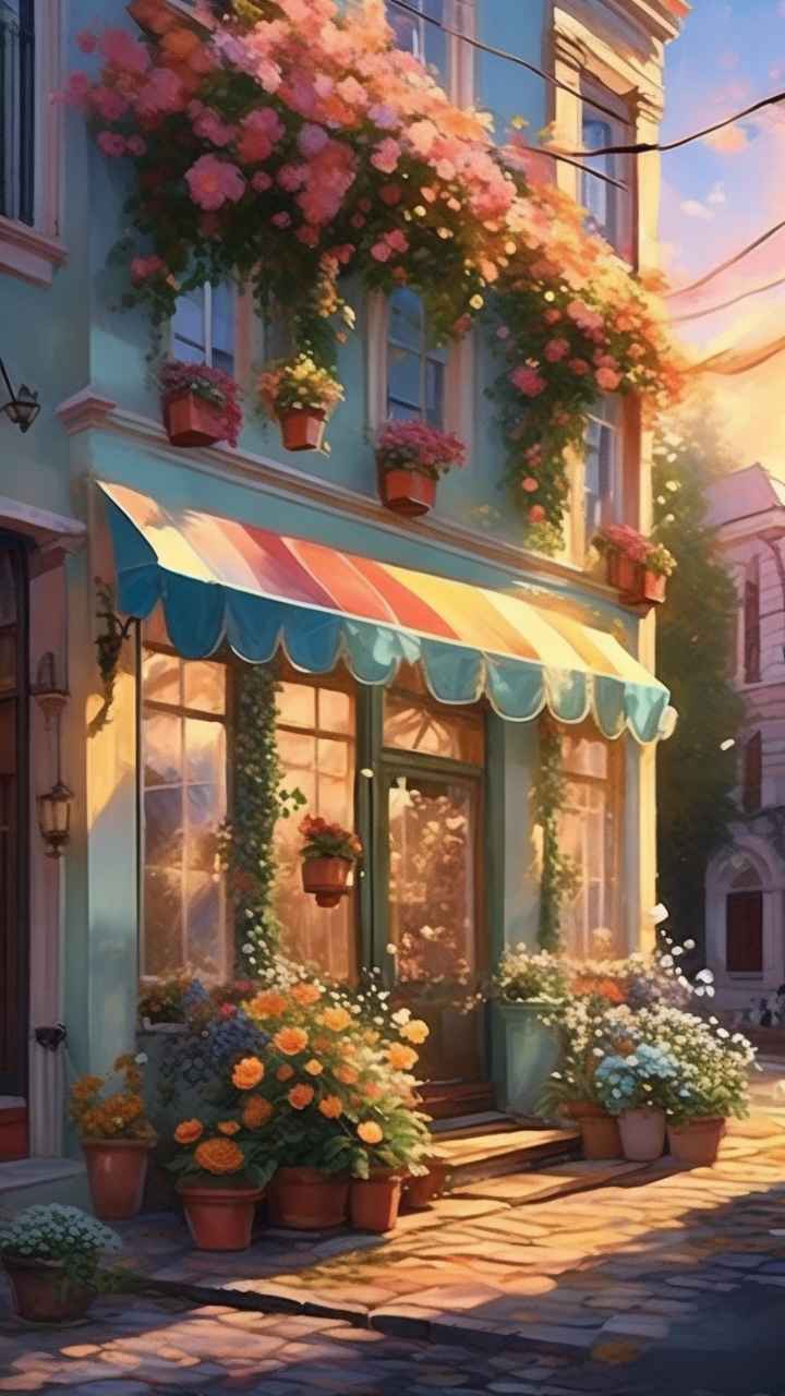 落日时分的街角边的花店插画 7