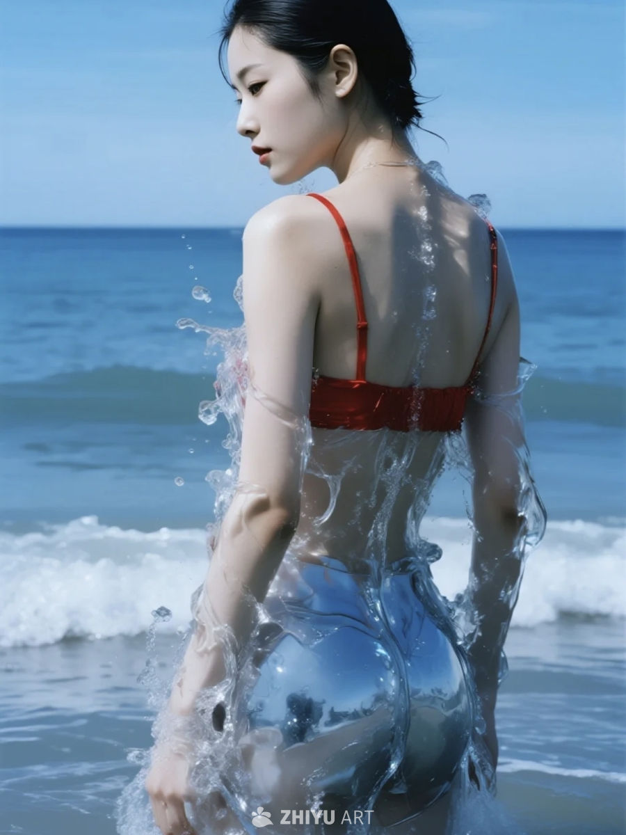 海滩上的红色泳装女孩