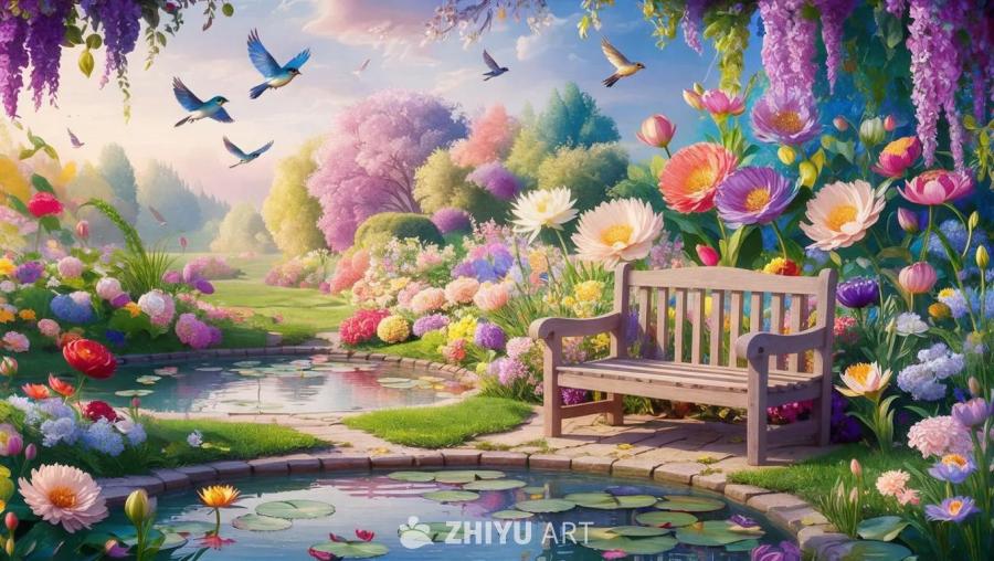 一个童话般的花园，盛开着色彩鲜艳的花朵，远处有鸟儿