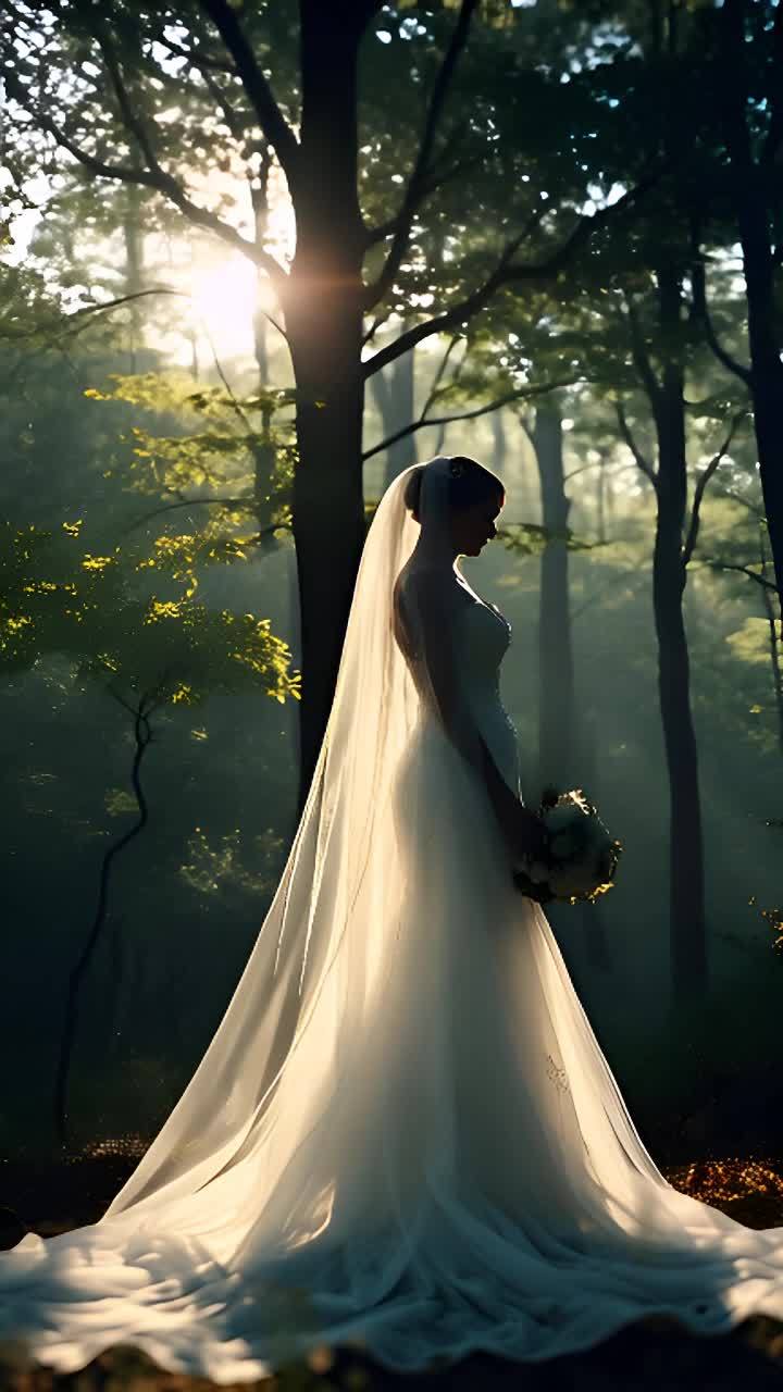 森林中的新娘：一位身着白色婚纱的新娘站在树林中央，