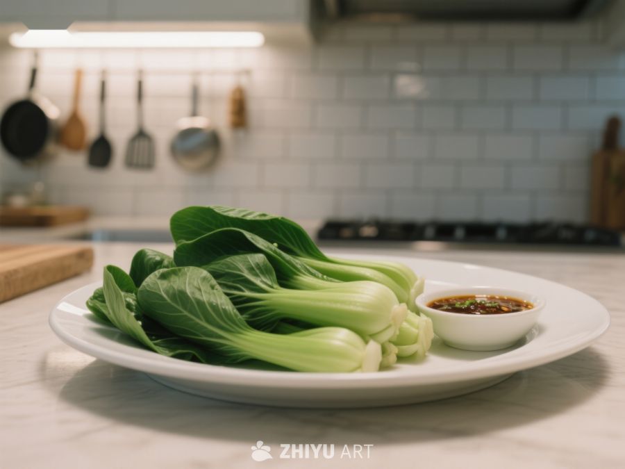 新鲜青菜配蘸料，厨房背景 483