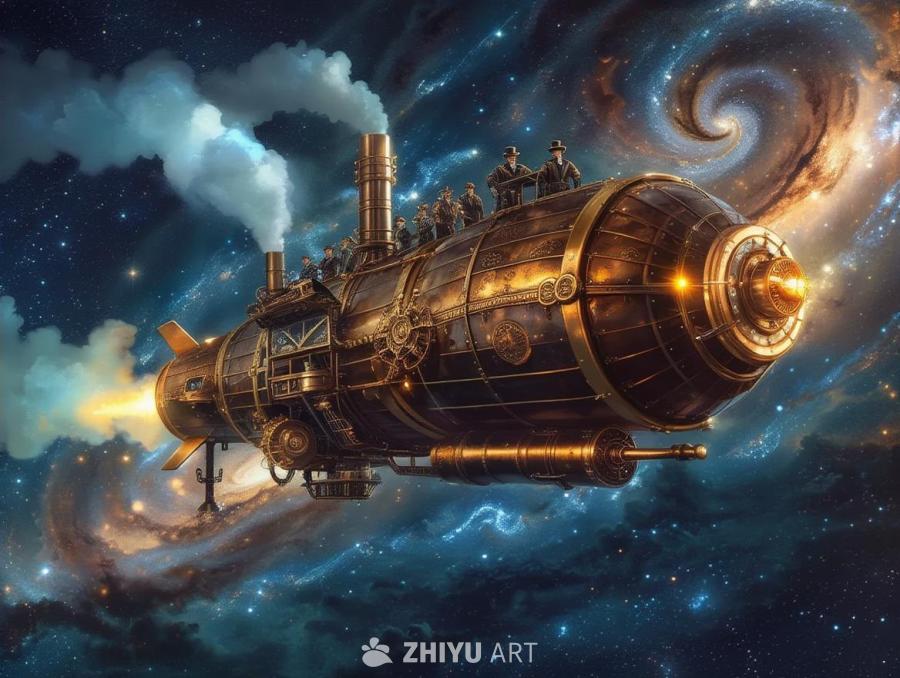 蒸汽朋克风格的宇宙飞船在银河系的旋臂中翱翔， di