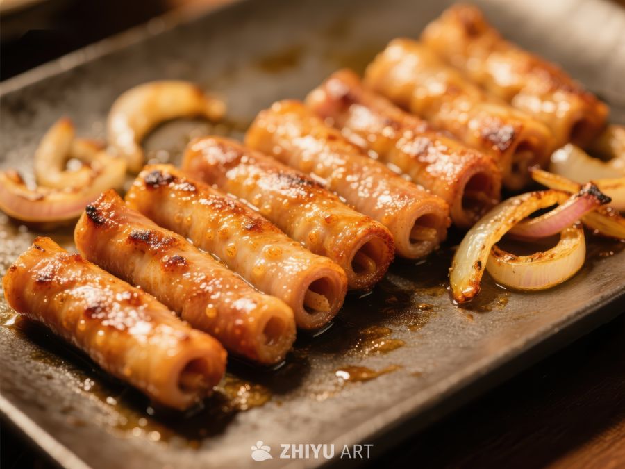 煎制金黄卷饼配洋葱