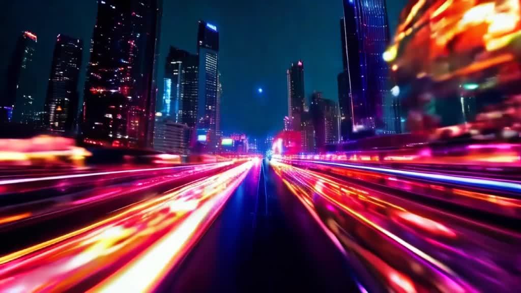 夜色中，霓虹灯光照亮城市街道，高耸入云的摩天大楼矗