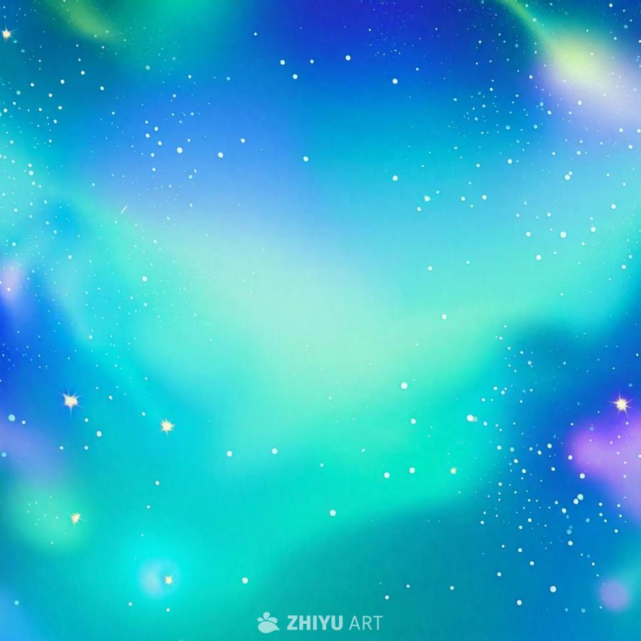 蓝色和绿色的背景中散布着许多细小的、色彩鲜艳的星星