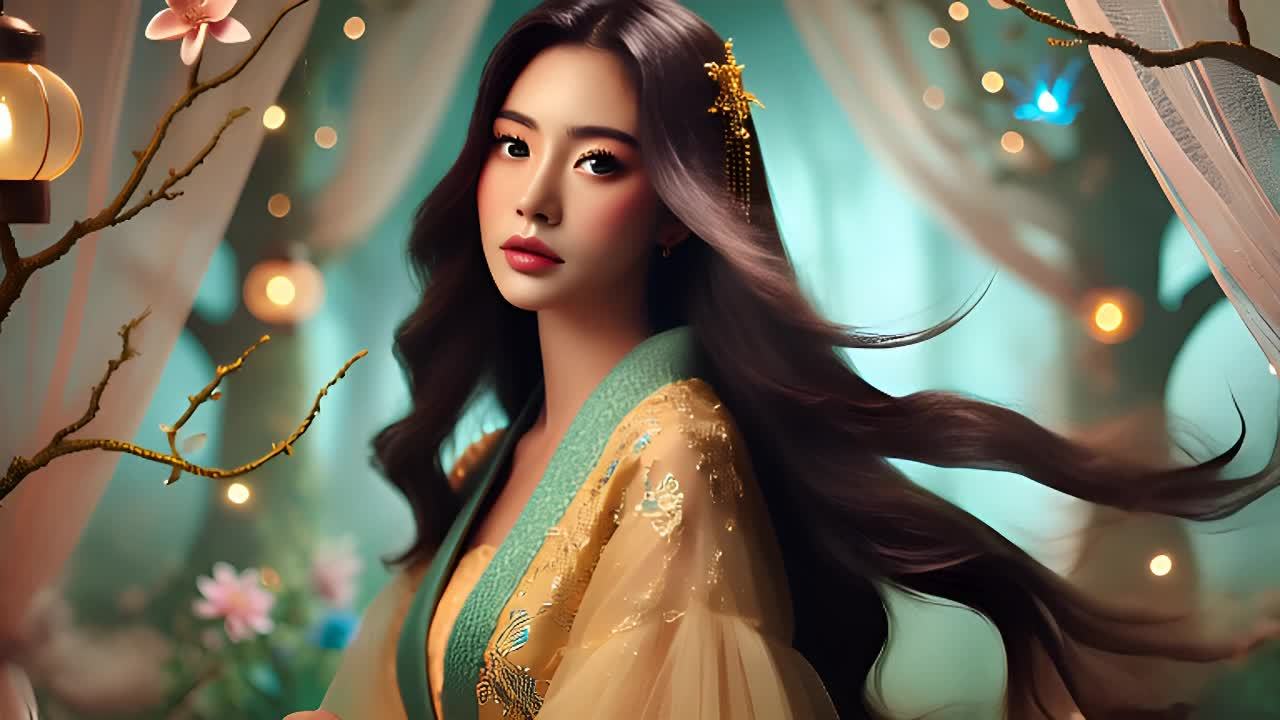 一位穿着金色和绿色长袍的女性站在一个装饰有灯笼和树