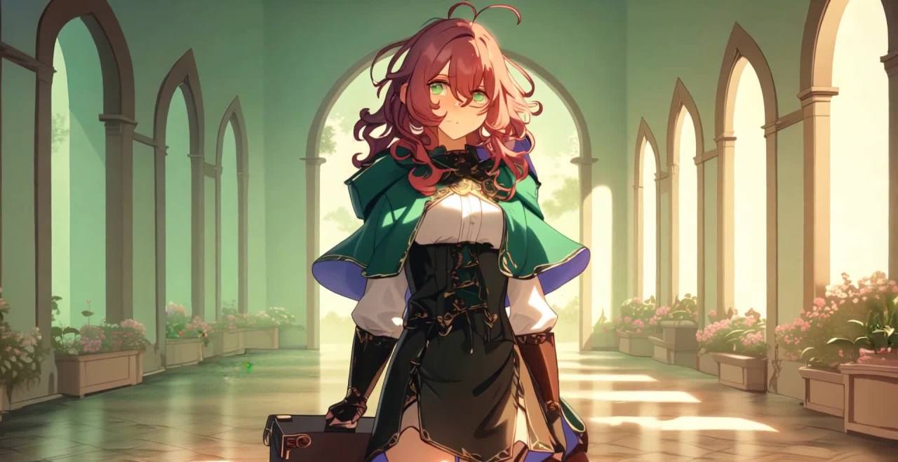 红发少女手提箱伫立拱形建筑中庭