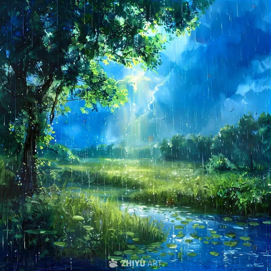 蓝天下，绿意盎然，雨水明亮，自然的声音。水面上漂浮