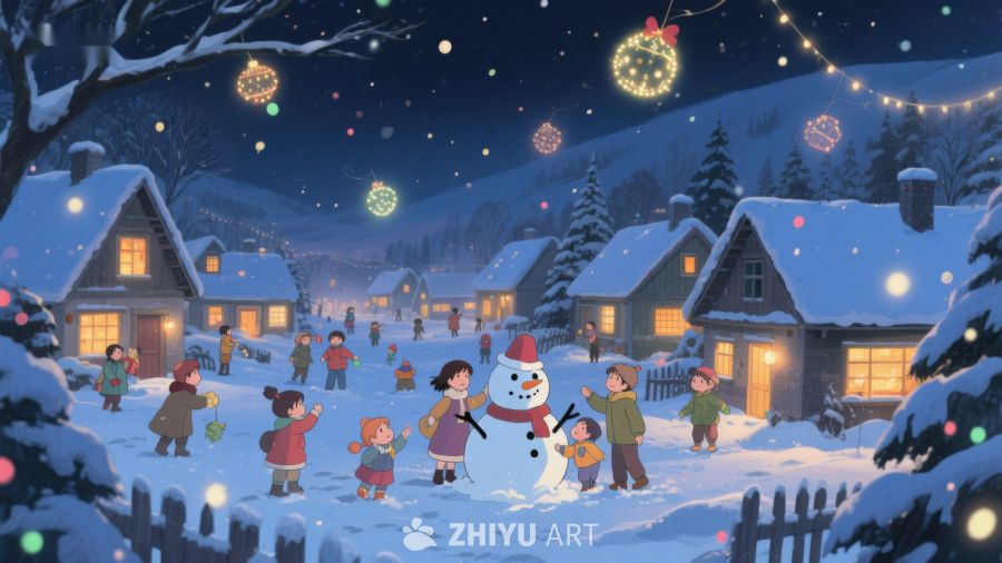 冬夜雪地欢聚，共筑雪人 107