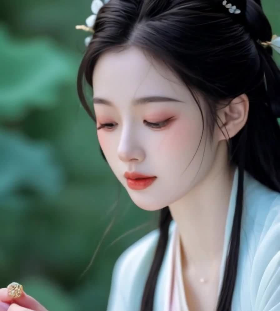 一位年轻女子，她有着黑色的头发，部分头发被梳起，用